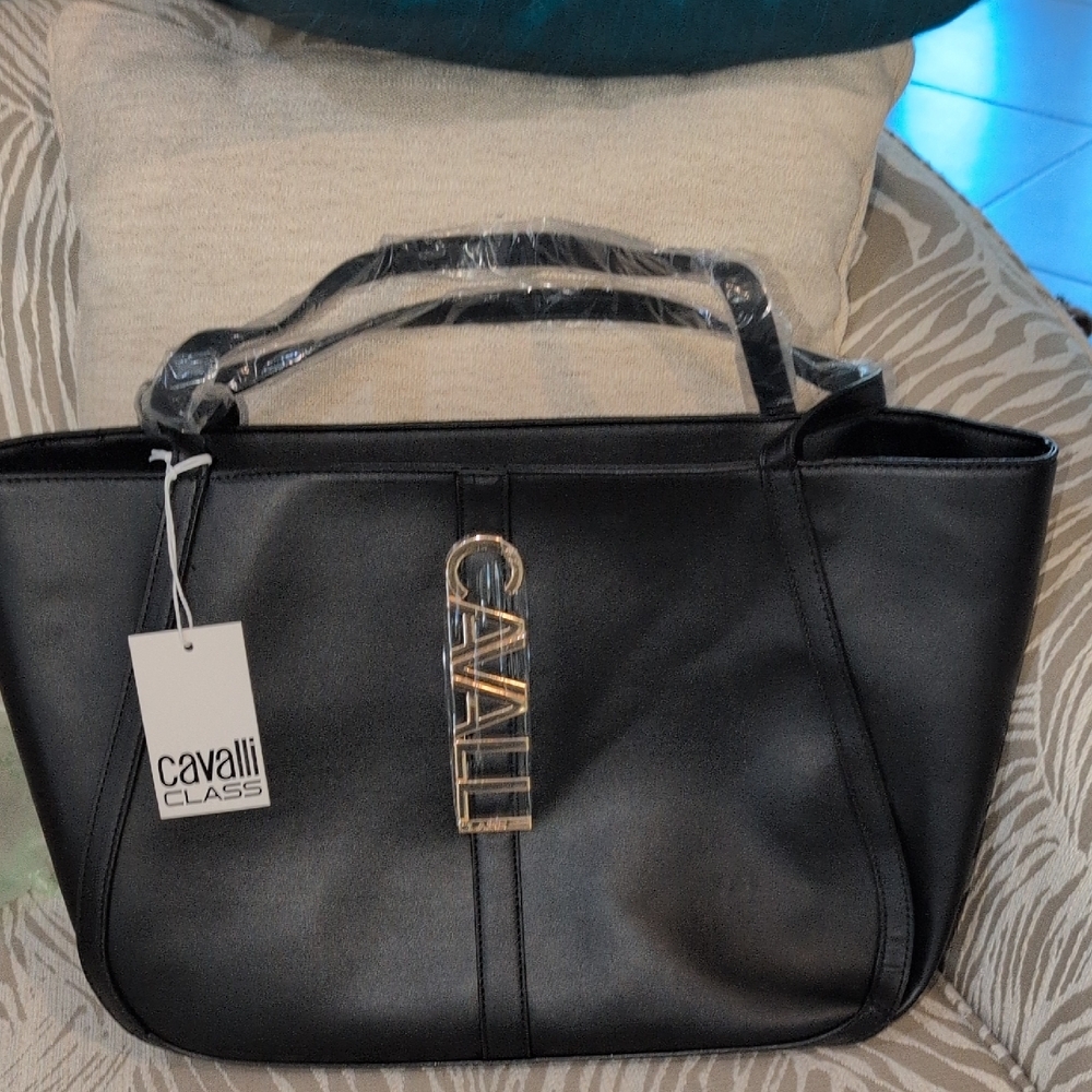 Cavalli Class Black Vegan Leather Tote With Gold Hardware - New With Tags